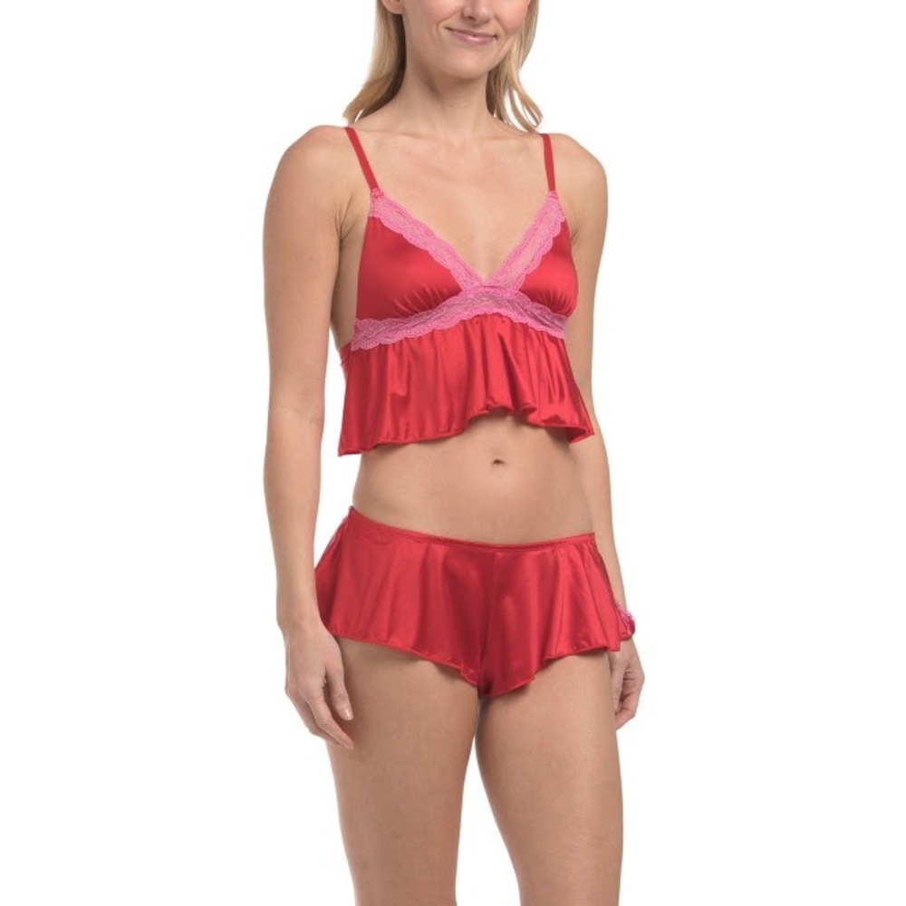 Juicy Couture Intimates 2PC Set M Red Pink Lace Satin Pajama‎ Lingerie NWT